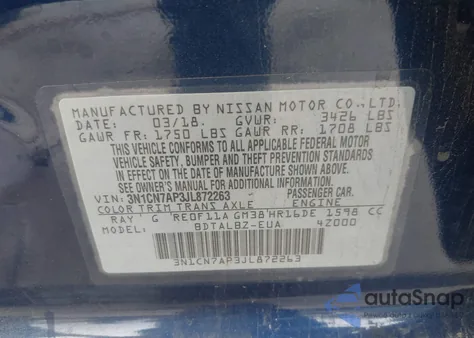 2018 Nissan Versa 1.6 Sv из США, поврежденный, VIN 3N1CN7AP3JL872263